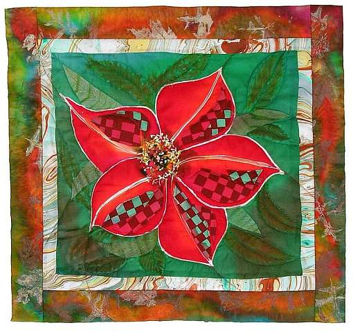 Silk quilt by Joy-Lily of a checkered red flower. Click to enlarge.