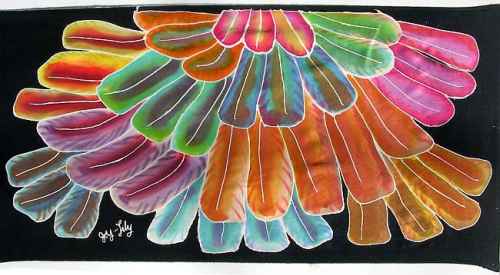 Silk painting by Joy-Lily of many-colored feathers seen in Bali. Click to enlarge.