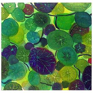Silk painting by Joy-Lily of round green nasturtium leaves. Click to enlarge.