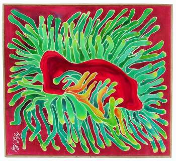 Silk painting by Joy-Lily: a green-tentacled sea anemone. Click to enlarge