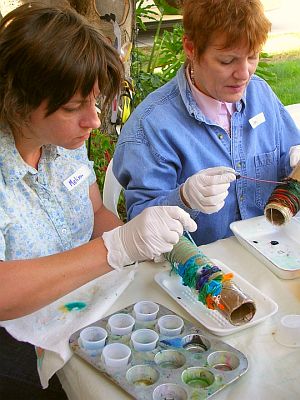 tying and dyeing silk wrapped on tubes