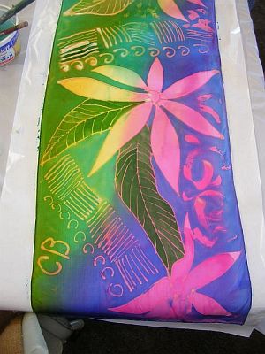 Painted silk in pink blue and green: leaf designs